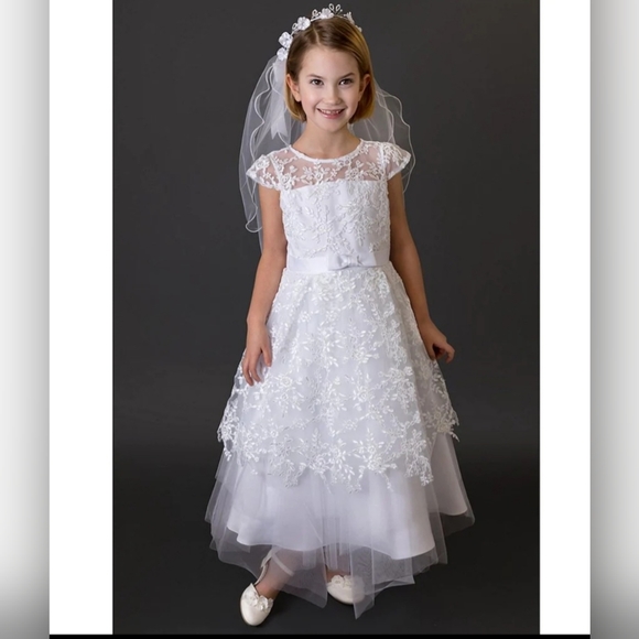 Us Angels Big Girls 6-14 Cap-Sleeve Lace Beaded Mesh Communion Dress - Picture 2 of 8